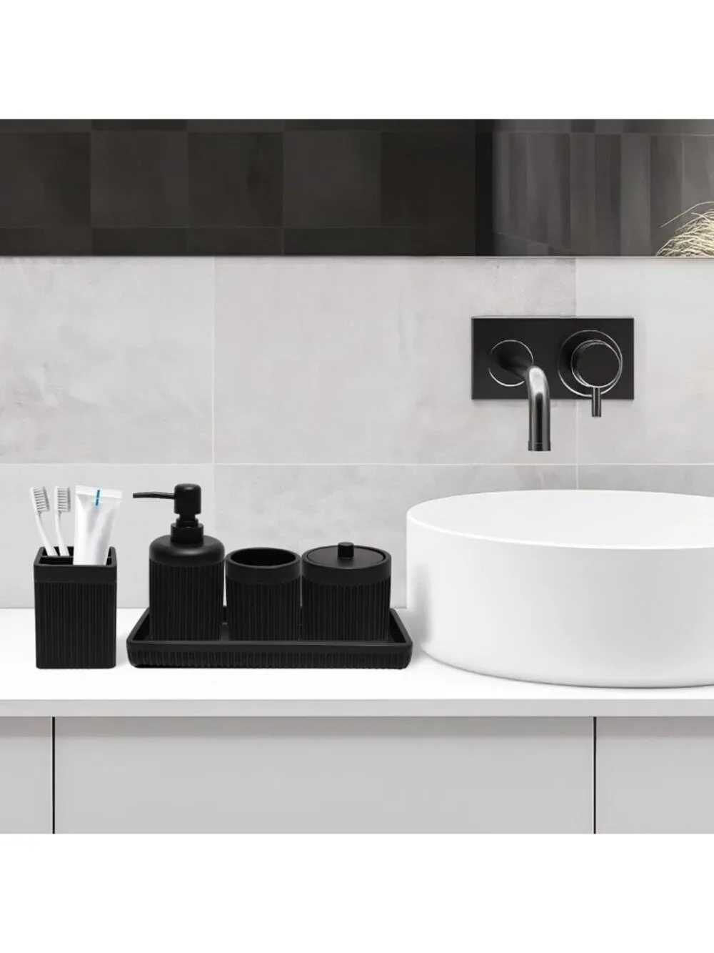 Matte Black Resin Bathroom Accessories Set - 5 Pcs Organizer for Home